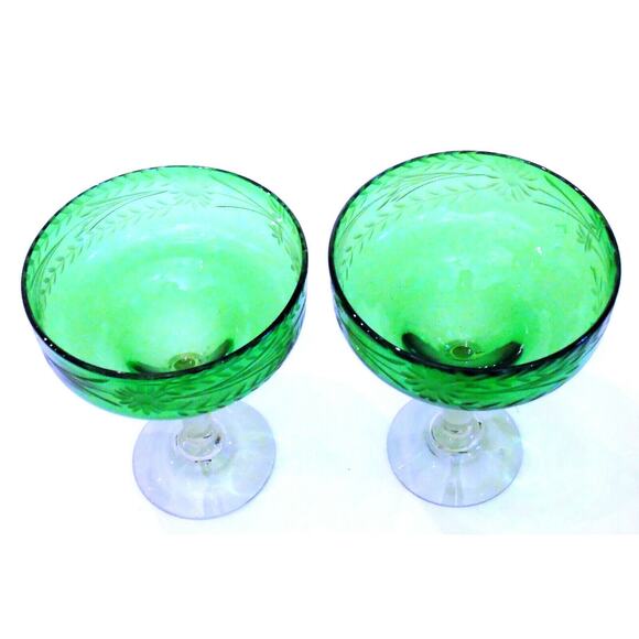 Hand Blown Margarita Glasses 2 Artisan Etched Glass Green Bowl 6.5" Clear Stems - Picture 3 of 6